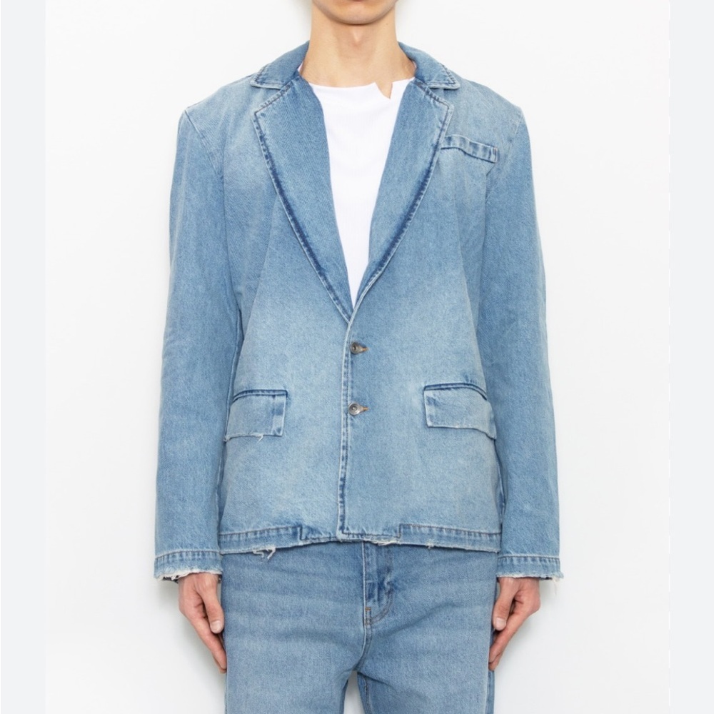 NWT 🌟 FLANEUR 🌟 COTTON DISTRESSED DENIM BLAZER LIGHT WASH SZ L